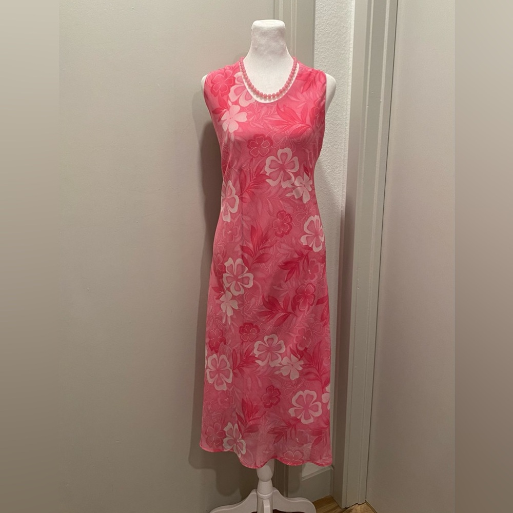 VTG 90s K Studio Pink Hibiscus Floral Print Scoop Neck Sleeveless Maxi Dress - M